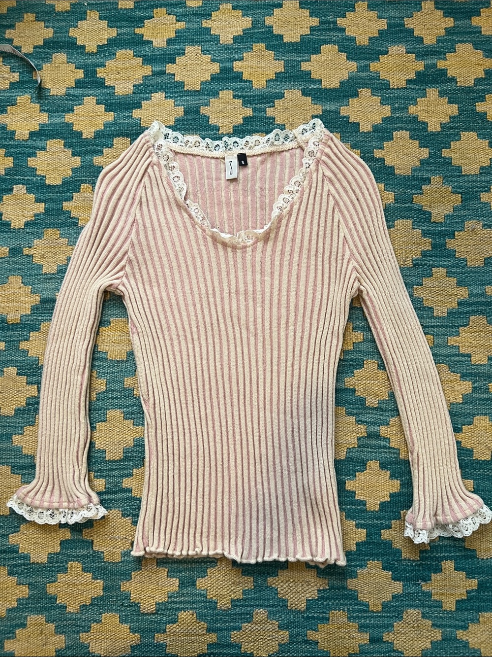 Ribbed Lace-Trim Pink Long Sleeve Top